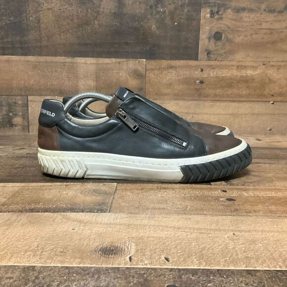 Karl Lagerfeld Paris Men’s Size 11.5 Sneakers Black Brown Laceless Double Zip main image 4